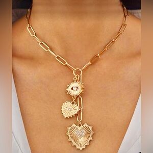 NEW 3 Tiered Gold & Zircon Heart Necklace